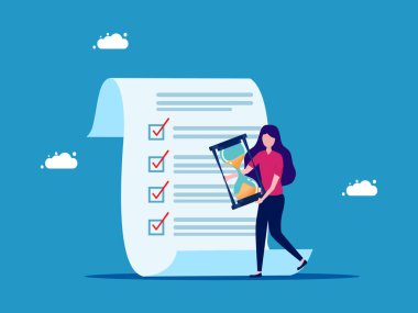 Kadının kum saati ve kontrol listesi var. Zaman planlama. vektör illüstrasyonu