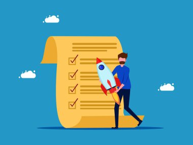 Adamın roketi ve kontrol listesi vardı. İş planlaması. vektör illüstrasyonu