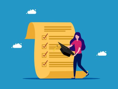 Mezuniyet şapkası ve kontrol listesi tutan bir kadın. Çalışma planlama. vektör illüstrasyonu