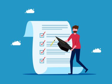 Mezuniyet şapkası ve kontrol listesi tutan bir adam. Çalışma planlama. vektör 