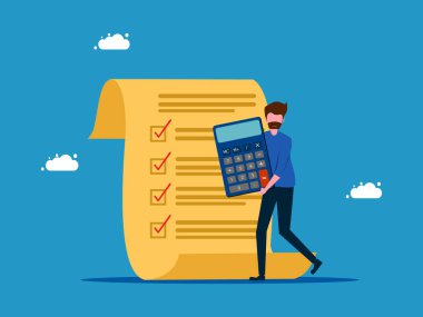 Hesap makinesi ve kontrol listesi dokümanları tutan bir adam. Muhasebe ve Mali Planlama vektörü