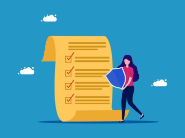 Kontrol listesi belgeleriyle kalkan tutan kadın. sigorta planlama vektörü