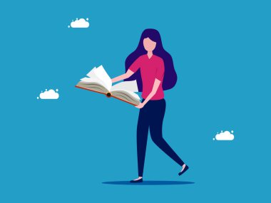 Elinde kitap tutan bir kadın. Kendi kendine öğrenme. vektör illüstrasyonu