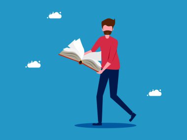 Elinde kitap tutan bir adam. Kendi kendine öğrenme. vektör illüstrasyonu