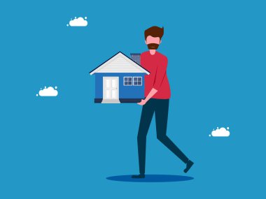 Adam evi tutuyor. Ev ve mülk kavramı. vektör illüstrasyonu