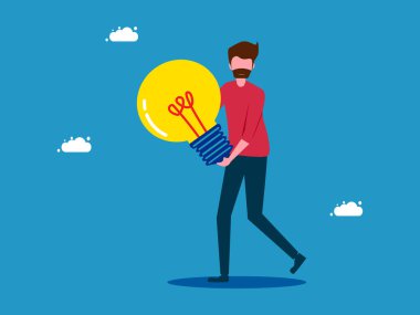 Elinde ampul tutan bir adam. Yaratıcı bir fikir. vektör illüstrasyonu