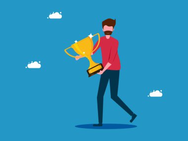 Elinde kupa tutan bir adam. Başarı ya da yaşam ödülü kavramı. vektör illüstrasyonu