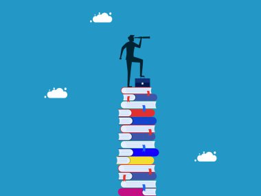 Kariyer geliştirme fırsatları için eğitim. İleri görüşlü iş adamları için bilgelik. Teleskop vektöründen bakan uzun bir kitap yığınındaki iş adamı