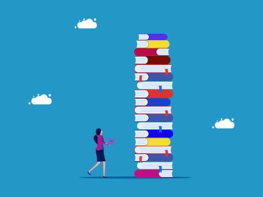 Bilgi arayışı. Dizüstü bilgisayarda çalışan kadın kitap yığını vektörüyle