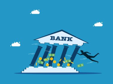 Banka işi ya da banka iflas etmek üzere. Adam ya da yatırımcı ekonomik zehir vektöründe düşen banka binasını tutuyor