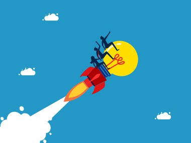 Akıllı fikirlerle işi ilerletmek. İş ekibi ampulleri öne doğru sürüyor.