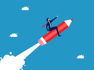 İş geliştirme. İşadamı lider bir kalem vektörüyle uçar.