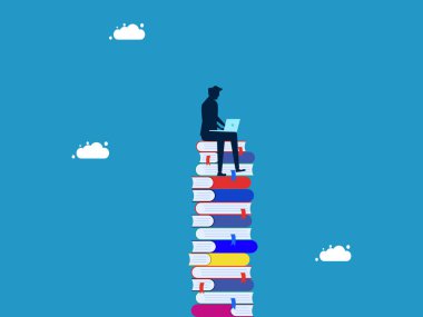 Öğrenmek ya da araştırma. Dizüstü bilgisayarı olan bir işadamı yüksek kitap yığını vektörü üzerinde çalışıyor