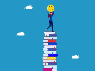 Happy 'i çalışmanın mutluluğu. Yüksek kitap yığınındaki kadın vektörü