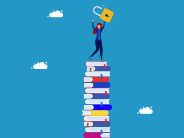 Eğitim ya da öğrenme kilidini aç. Anahtarı elinde tutan kadın bir yığın kitabın üzerinde duruyor. vektör