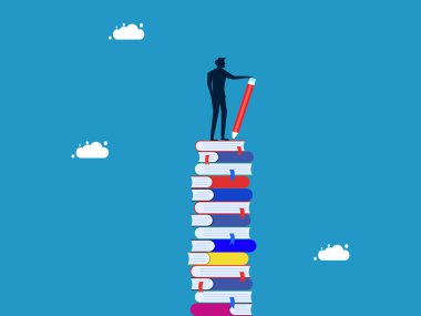 Kendi kendine öğrenme. Kalem taşıyan adam yüksek kitap yığını vektörü