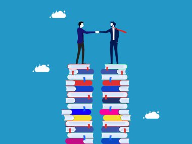 İşbirliği yapmayı öğreniyorum. İş adamı bir yığın kitap vektörüyle anlaşma yapıyor.