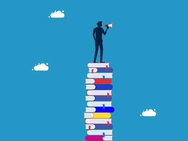 İletişim ya da reklam. İnsan, megafonla yüksek kitap yığınının üzerinde durduğunu ilan eder. vektör