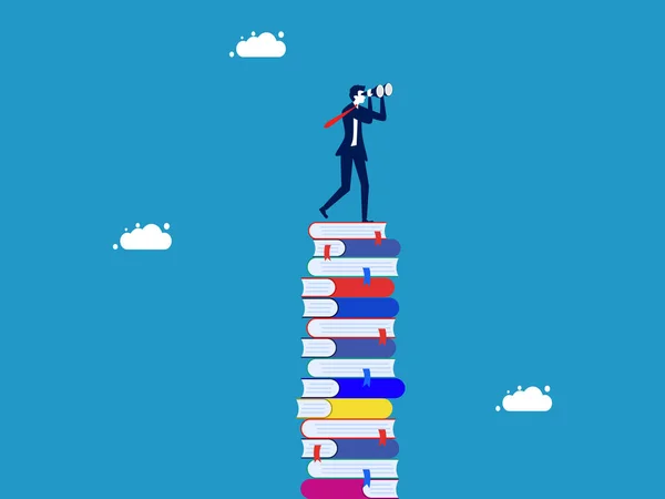 キャリアアップのための教育 先見的なビジネスマンのための知恵 望遠鏡のベクトルを見ている本の背の高いスタック上の男 — ストックベクタ