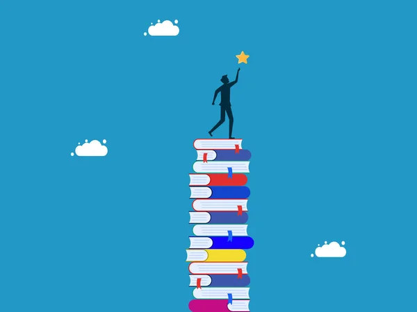 Knowledge Creates Success Life Businessman High Pile Books Stars Vector — Stock Vector