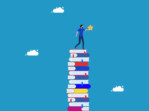 Knowledge Creates Success Life Man High Pile Books Stars Vector — Stock Vector