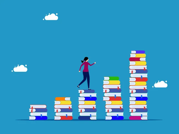 Aumentar Conhecimento Progresso Nos Estudos Mulher Andando Pilha Crescente Livros — Vetor de Stock