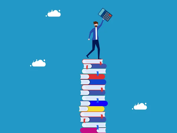 Accounting Finance Studies Man Holding Calculator Standing High Pile Books — Stock Vector