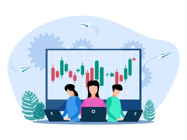 Stock Trading Stock Broker Team Working Laptop Stock Graph Vector — Stock Vector