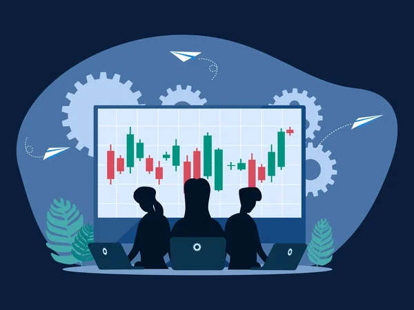 Aktienhandel Oder Börsenmakler Team Arbeitet Laptop Mit Stock Graph Vektor — Stockvektor