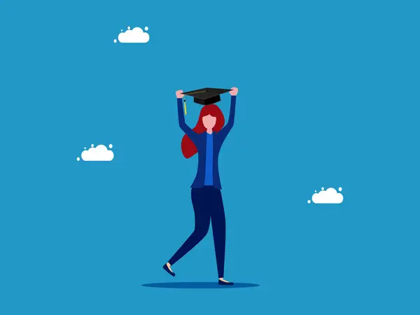 Ολοκληρώθηκε Αποφοίτησε Στην Εκπαίδευση Ευτυχισμένη Γυναίκα Κρατώντας Διάνυσμα Καπέλο Αποφοίτησης — Διανυσματικό Αρχείο