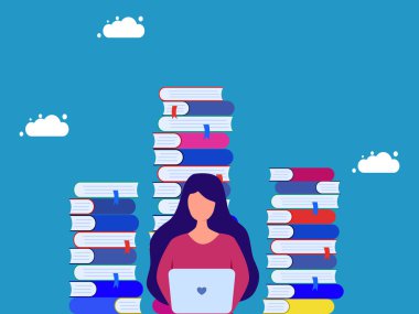 Büyük miktarda bilgi öğrenmek ya da aramak. Dizüstü bilgisayarda çalışan kadın kitap yığını vektörüyle