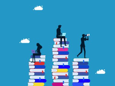 Bir sürü bilgi bul. İş ekibi dizüstü bilgisayarda kitap yığını vektörüyle çalışıyor