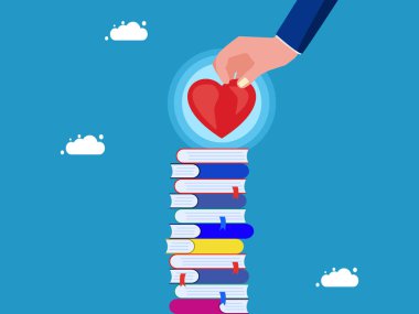 Öğrenmeyi seviyorum. İş adamı kalbi kitap yığınının üzerinde tutuyor.