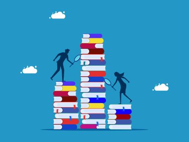 Bilgi ya da iş bilgisi ara. Bir yığın kitap vektörüne bakan bir büyüteç kullanan iş ekibi