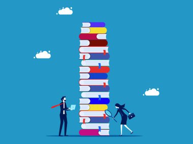 Bilgi ya da iş bilgisi ara. Bir yığın kitap vektörüne bakan bir büyüteç kullanan iş ekibi