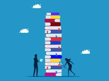 Bilgi ara. Bir yığın kitap vektörüne bakan bir büyüteç kullanan iş ekibi