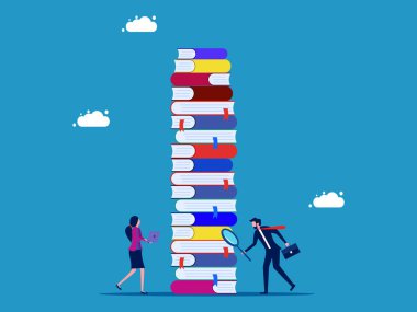 Bilgi ara. Bir yığın kitap vektörüne bakan bir büyüteç kullanan iş ekibi