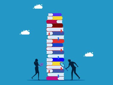 Bilgi ya da iş bilgisi ara. Bir yığın kitap vektörüne bakan bir büyüteç kullanan iş ekibi