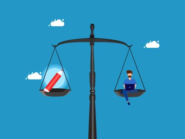 Yaratıcılık içeren programlar geliştirin. dizüstü bilgisayar ve kalem üzerinde çalışan adam ölçek vektörü