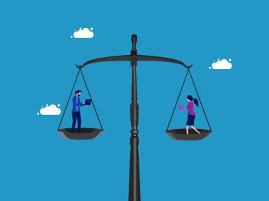 Eşitlik. İş adamı ve kadın denge vektörü üzerine dizüstü bilgisayarla çalışıyor