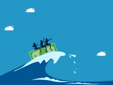 Krizlerle para ve liderlikle savaş. İş ekibi deniz dalgalarında banknot vektörüyle sörf yapıyor.