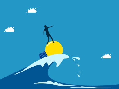 Yaratıcı liderlerle krizlere gir. Adam ampul vektörüyle okyanus dalgalarında sörf yapıyor.