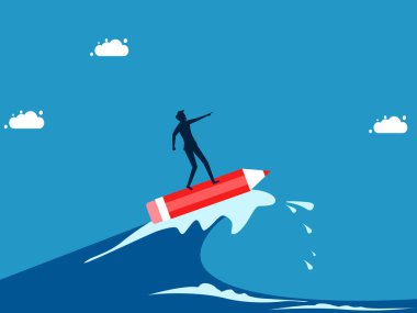 Krizle liderin yaratıcılığıyla savaşın. Adam kalem vektörüyle denizde sörf yapıyor.