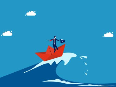 Krizi sabırla atlatın. İşadamı, kağıt tekne vektörüyle deniz dalgalarında sörf yapıyor.