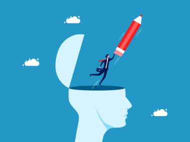 Yaratıcılık ve hayal gücü. İnsan başlı bir vektörden kalemle uçan bir iş adamı.