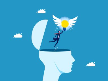 Bağımsız düşünceler ve hayal gücü. Kanatlı bir ampul, bir iş adamını insan başlı bir vektörden uçurur.