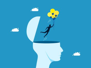 Bedava yaratıcılık ve hayal gücü. Ampul balonlarıyla uçan bir adam kafa vektöründen uçuyor.