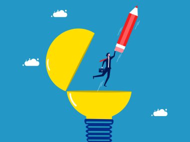 Yeniliğe ve ömür boyu öğrenmeye devam et. İş adamı ampul vektöründeki bir yığın kitabın üzerinde kalemle uçar.