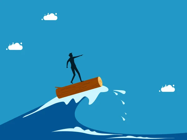 Przez Kryzys Poprzez Wysiłki Przywódców Człowiek Surfing Fale Morskie Kije — Wektor stockowy