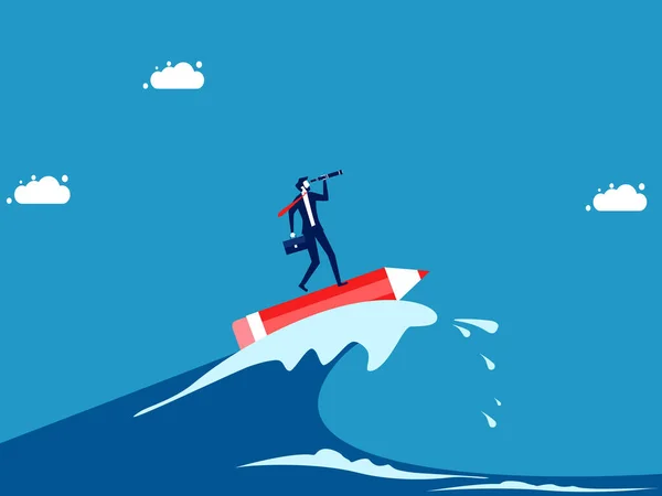Boj Krizemi Tvořivostí Vizí Podnikatel Vůdce Surfování Vlnách Oceánu Tužkou — Stockový vektor
